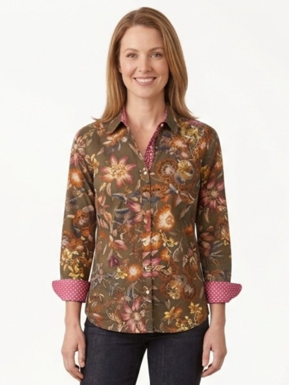 Talbots Flower Blouse with Polka Dot Contrast Cuffs & Collar, Size XL